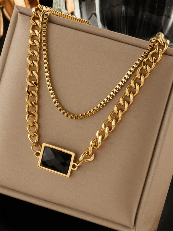 Wholesale Retro Light Luxury Simple Rectangular Geometric Titanium Steel Double Layer Chain Necklace With Black Diamond Copper Material Electroplating Treatment