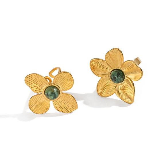 Wholesale Retro Luxury High End Ring Jewelry For Women Flower Inlaid African Turquoise Titanium Steel Geometric Shape Pvd Vacuum Real Gold Electroplating