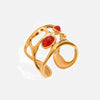 Wholesale Retro Luxury Stainless Steel Red Agate Hollow Opening Ring With Geometric Pattern And Electroplating Jewelry For Women