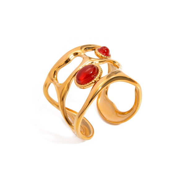Wholesale Retro Luxury Stainless Steel Red Agate Hollow Opening Ring With Geometric Pattern And Electroplating Jewelry For Women