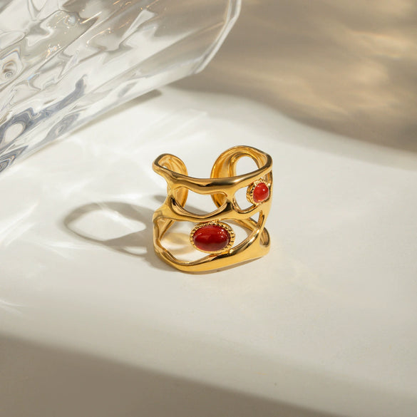 Wholesale Retro Luxury Stainless Steel Red Agate Hollow Opening Ring With Geometric Pattern And Electroplating Jewelry For Women