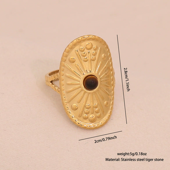 Wholesale Retro Maillard Style Natural Tiger Stone Geometric Ring For Women Stainless Steel With Electroplating