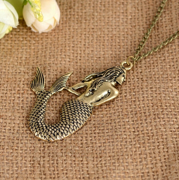 Wholesale Retro Mermaid Pendant Necklace With Long Sweater Chain Alloy Geometric Electroplated Jewelry For Women