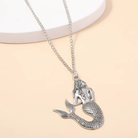 Wholesale Retro Mermaid Pendant Necklace With Long Sweater Chain Alloy Geometric Electroplated Jewelry For Women