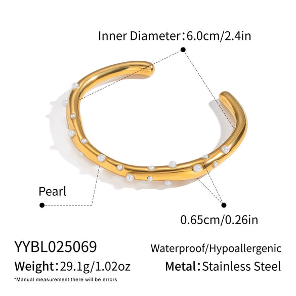 Wholesale Retro Minimalist Inlaid Pearl Irregular Arc Opening Stainless Steel Bracelet With Pvd Furnace Vacuum Real Gold Plating