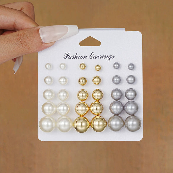 Wholesale Retro Mixed Color Imitation Pearl Women's Earrings Set With Geometric Pattern And Electroplating Treatment