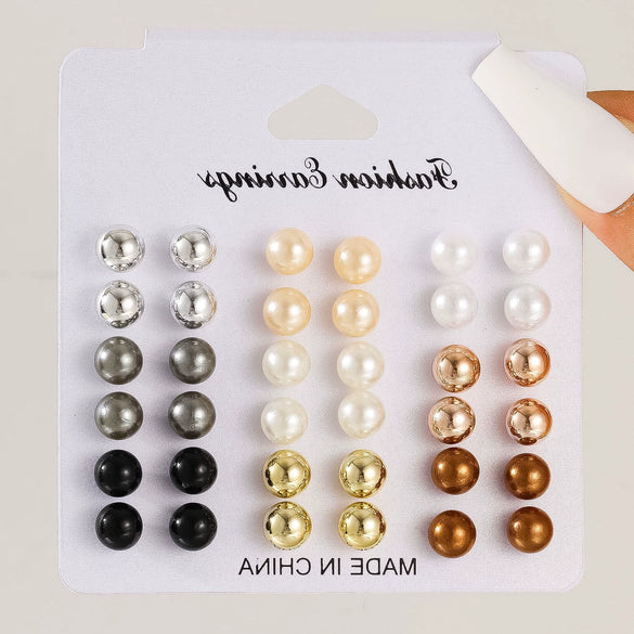 Wholesale Retro Mixed Color Imitation Pearl Women's Earrings Set With Geometric Pattern And Electroplating Treatment
