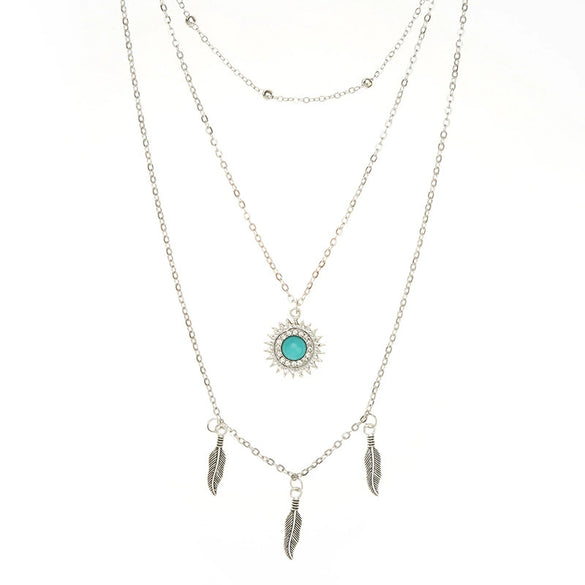 Wholesale Retro Multilayer Feather Leaf Pendant Neck Chain With Turquoise Point Drill And Electroplating Made Of Alloy Metal