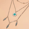 Wholesale Retro Multilayer Feather Leaf Pendant Neck Chain With Turquoise Point Drill And Electroplating Made Of Alloy Metal