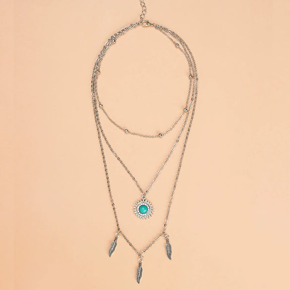 Wholesale Retro Multilayer Feather Leaf Pendant Neck Chain With Turquoise Point Drill And Electroplating Made Of Alloy Metal