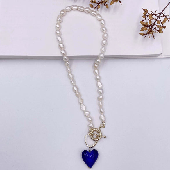 Wholesale Retro Natural Pearl And Alloy Heart Geometric Necklace With Ball Chain
