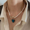 Wholesale Retro Natural Pearl And Alloy Heart Geometric Necklace With Ball Chain