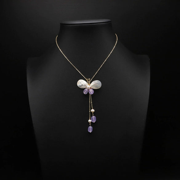 Wholesale Retro Natural Pearl Necklace With Shell Butterfly Pendant Amethyst Tassel And Geometric Pattern Copper 18K Gold Plated