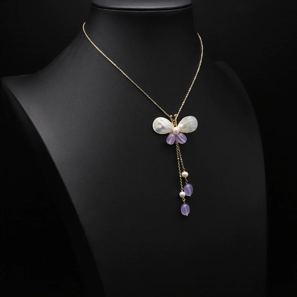 Wholesale Retro Natural Pearl Necklace With Shell Butterfly Pendant Amethyst Tassel And Geometric Pattern Copper 18K Gold Plated