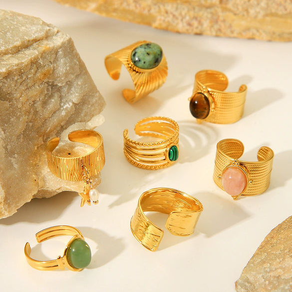 Wholesale Retro Natural Stone Hand Jewelry Stainless Steel Open Ring With Geometric Design And Electroplating For Women