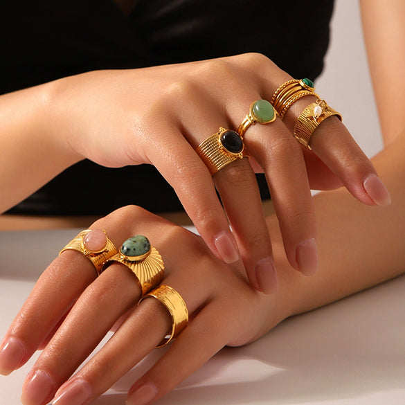 Wholesale Retro Natural Stone Hand Jewelry Stainless Steel Open Ring With Geometric Design And Electroplating For Women