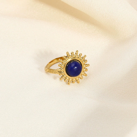 Wholesale Retro Natural Stone Opening Ring With Sunflower Pattern In Titanium Steel Vacuum Real Gold In Pvd Furnace Treatment For Women