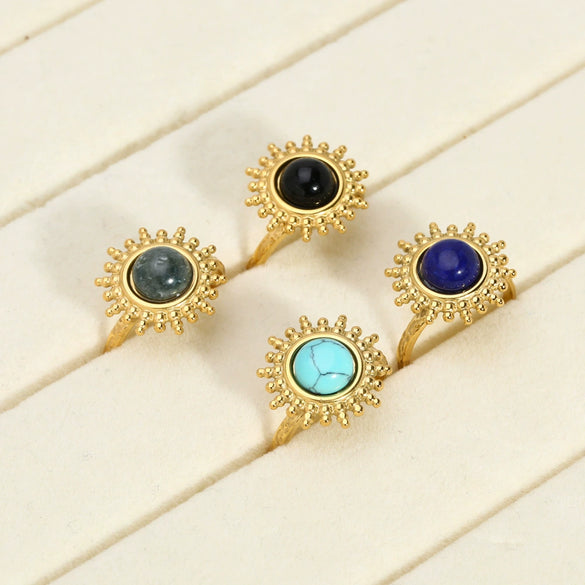 Wholesale Retro Natural Stone Opening Ring With Sunflower Pattern In Titanium Steel Vacuum Real Gold In Pvd Furnace Treatment For Women