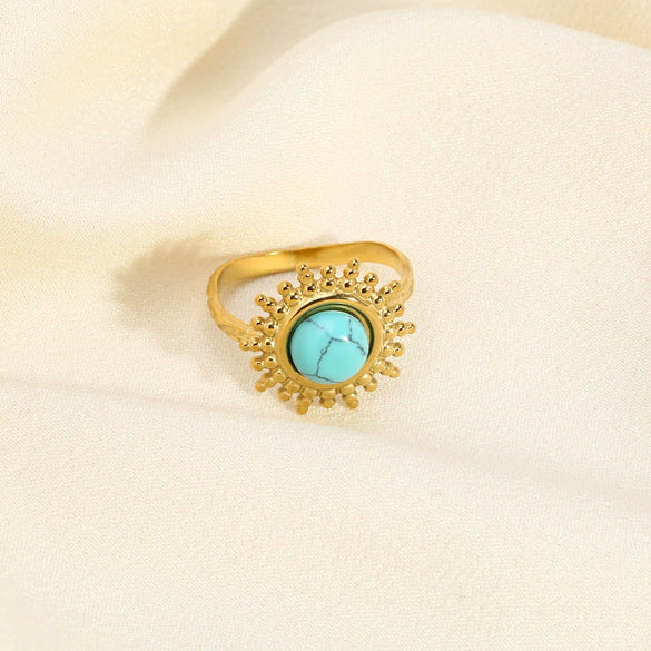 Wholesale Retro Natural Stone Opening Ring With Sunflower Pattern In Titanium Steel Vacuum Real Gold In Pvd Furnace Treatment For Women