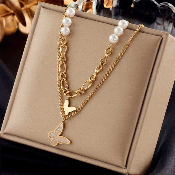 Wholesale Retro Niche Design Double Irregular Chain Beaded Butterfly Pendant Titanium Steel Necklace With Electroplating Geometric Pattern For Women