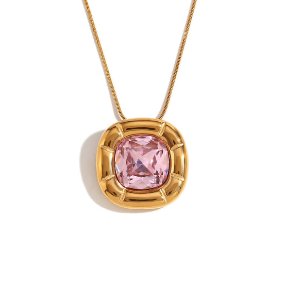Wholesale Retro Niche Fashion Women's Stainless Steel Earrings And Necklace With Round Angle Square Flower Zircon Studs And Electroplated 18K Gold Finish