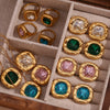 Wholesale Retro Niche Fashion Women's Stainless Steel Earrings And Necklace With Round Angle Square Flower Zircon Studs And Electroplated 18K Gold Finish