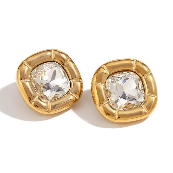 Wholesale Retro Niche Fashion Women's Stainless Steel Earrings And Necklace With Round Angle Square Flower Zircon Studs And Electroplated 18K Gold Finish