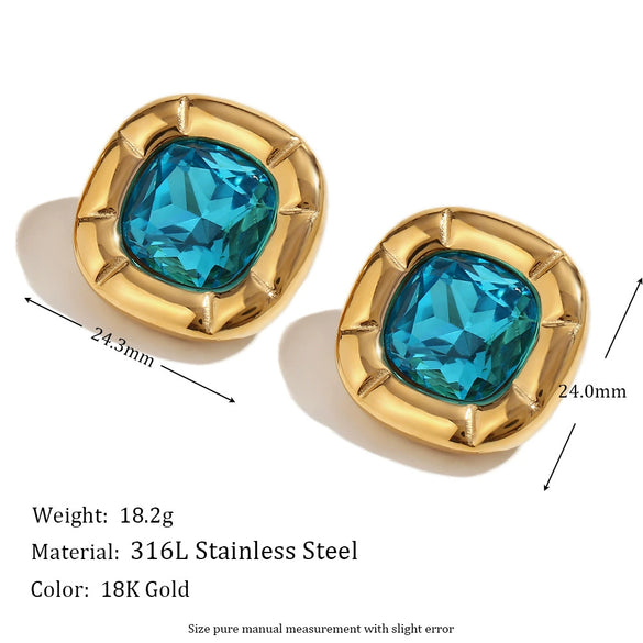Wholesale Retro Niche Fashion Women's Stainless Steel Earrings And Necklace With Round Angle Square Flower Zircon Studs And Electroplated 18K Gold Finish