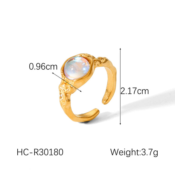 Wholesale Retro Palace Style Zircon Stainless Steel Ring With Moonstone Hammer Geometric Pattern And Electroplating Treatment Open Design For Women