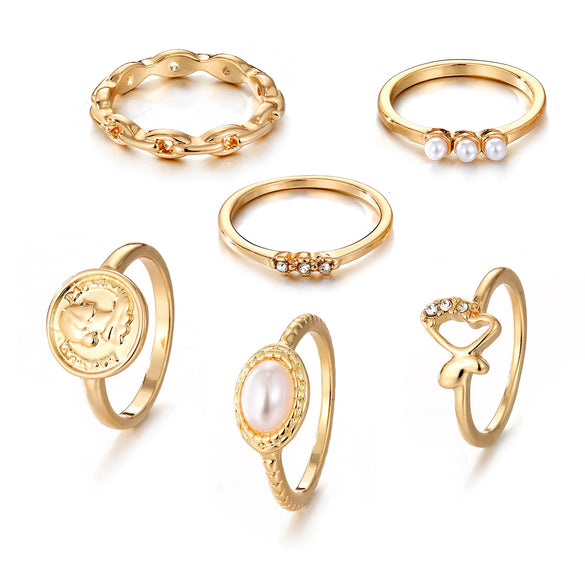 Wholesale Retro Pearl Alloy Ring With Geometric Pattern Hollow And Butterfly Embossed Design Unisex