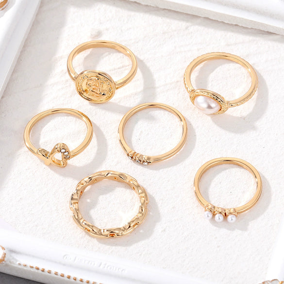 Wholesale Retro Pearl Alloy Ring With Geometric Pattern Hollow And Butterfly Embossed Design Unisex