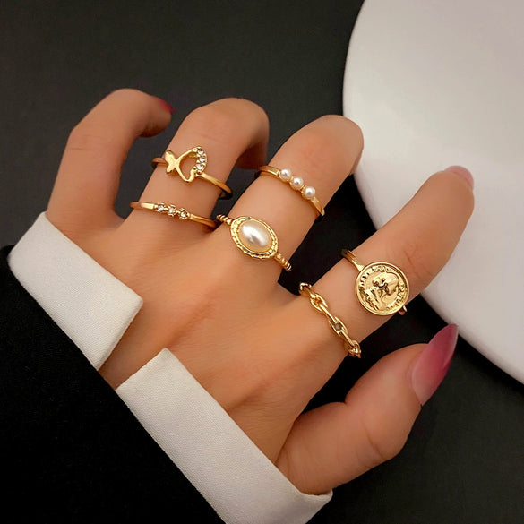 Wholesale Retro Pearl Alloy Ring With Geometric Pattern Hollow And Butterfly Embossed Design Unisex