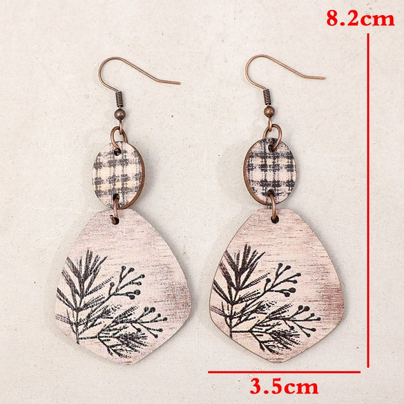 Wholesale Retro Plant Wooden Earrings With Plaid Irregular Shape And Printing