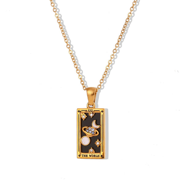 Wholesale Retro Popular Fashion Pendant Jewelry Stainless Steel Rectangular Geometric Oil Dropping Zircon Tarot Necklace With Electroplating