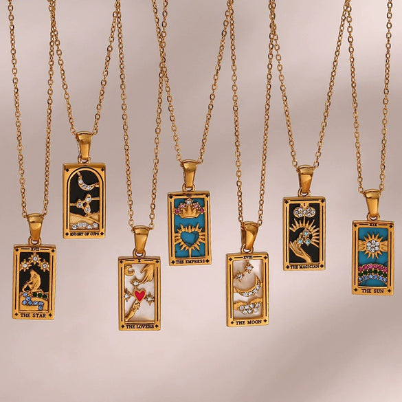 Wholesale Retro Popular Fashion Pendant Jewelry Stainless Steel Rectangular Geometric Oil Dropping Zircon Tarot Necklace With Electroplating