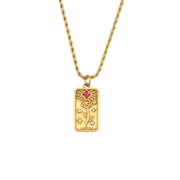 Wholesale Retro Popular Fashion Pendant Jewelry Stainless Steel Rectangular Geometric Oil Dropping Zircon Tarot Necklace With Electroplating