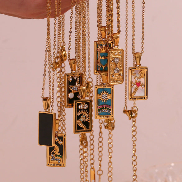 Wholesale Retro Popular Fashion Pendant Jewelry Stainless Steel Rectangular Geometric Oil Dropping Zircon Tarot Necklace With Electroplating
