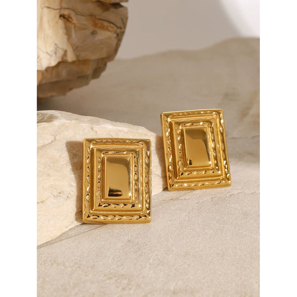 Wholesale Retro Rectangular Three Layer Geometric Stainless Steel Earrings With Electroplating