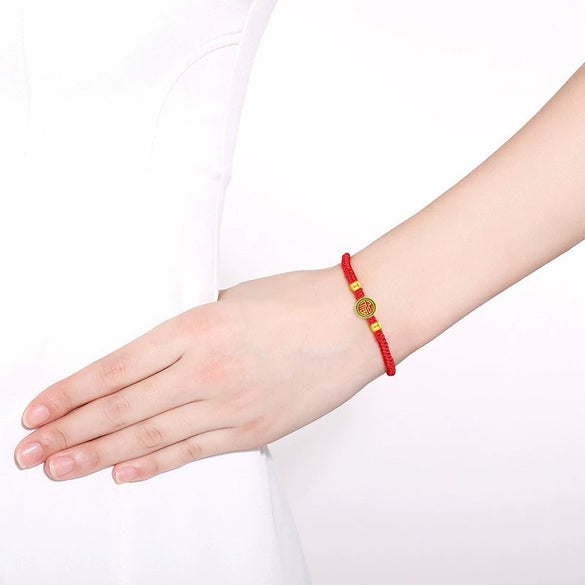 Wholesale Retro Round Gold 999 Beads Gold Bracelet Anklet With Baking Paint Featuring Letters Numbers Text Pattern On Benmingnian Red Rope