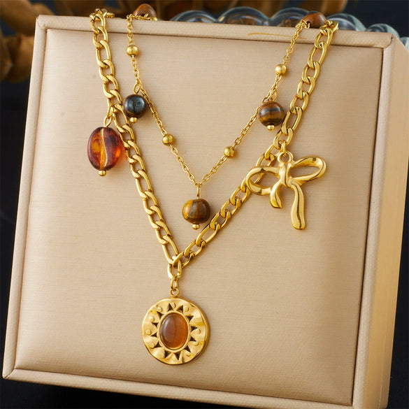 Wholesale Retro Round Tiger Eye Sun Pendant Necklace With Bow Stainless Steel Double Layer Clavicle Chain Electroplated