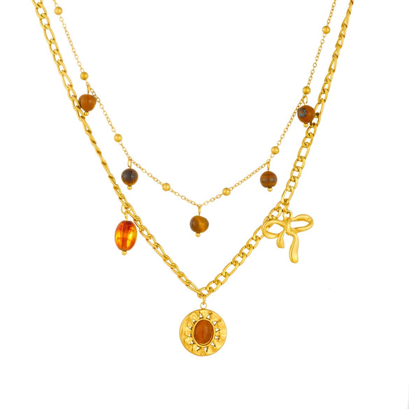 Wholesale Retro Round Tiger Eye Sun Pendant Necklace With Bow Stainless Steel Double Layer Clavicle Chain Electroplated