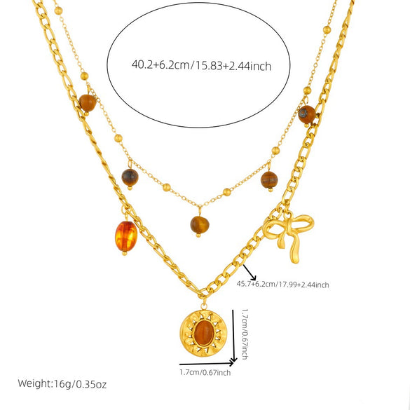 Wholesale Retro Round Tiger Eye Sun Pendant Necklace With Bow Stainless Steel Double Layer Clavicle Chain Electroplated