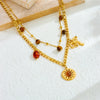 Wholesale Retro Round Tiger Eye Sun Pendant Necklace With Bow Stainless Steel Double Layer Clavicle Chain Electroplated