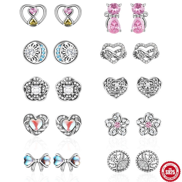 Wholesale Retro S925 Sterling Silver Love Cat Bow Flower Earrings With Geometric Pattern And Electroplating For Women