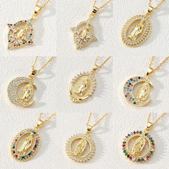 Wholesale Retro Sacred Religious Accessories Copper Necklace With Micro Set Colorful Zircon And Cartoon Characters Pendant