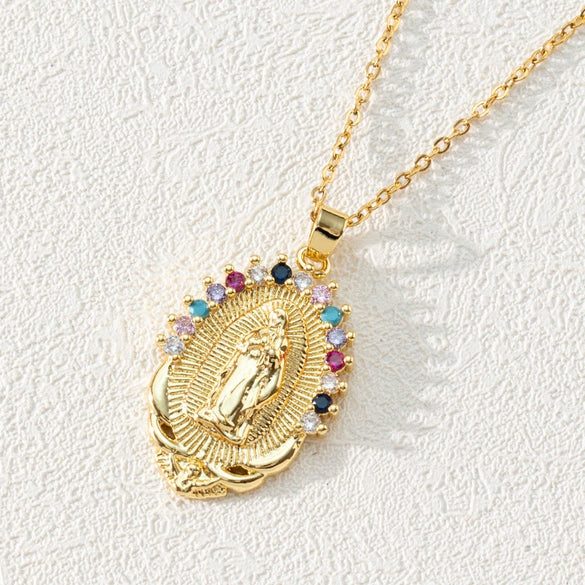 Wholesale Retro Sacred Religious Accessories Copper Necklace With Micro Set Colorful Zircon And Cartoon Characters Pendant