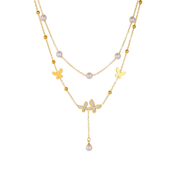 Wholesale Retro Simple Double Layer Stacked Pearl Butterfly Stainless Steel Jewelry Necklace For Women With Electroplating