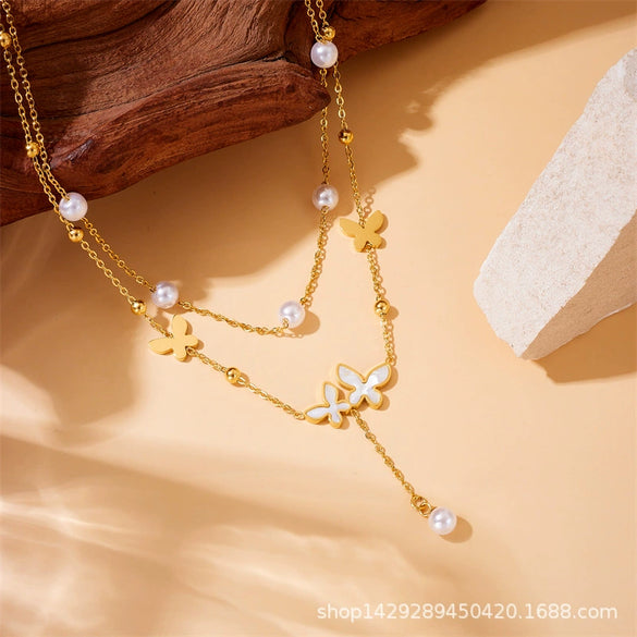 Wholesale Retro Simple Double Layer Stacked Pearl Butterfly Stainless Steel Jewelry Necklace For Women With Electroplating