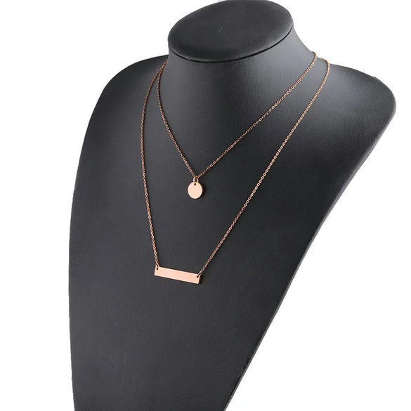 Wholesale Jewelry Retro Simple Style Customization Laser Engraving Solid Color Titanium Steel 18K Gold Plated Chain Layered Necklaces