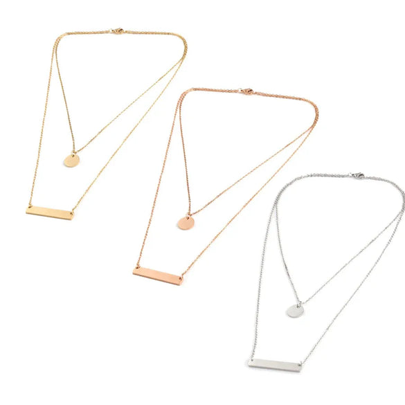Wholesale Jewelry Retro Simple Style Customization Laser Engraving Solid Color Titanium Steel 18K Gold Plated Chain Layered Necklaces